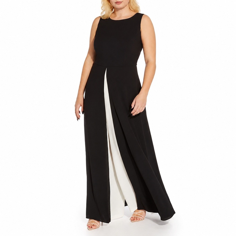 Adrianna Papell Black White Overlay Jumpsuit Gown Sleeveless Formal Size 4